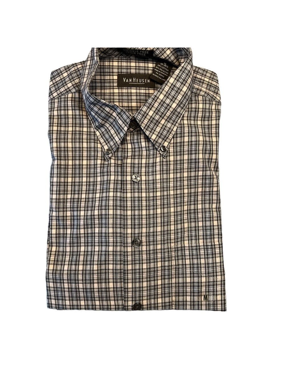 Van Heusen, gray plaid, Button Dress Shirt, Sz Med. Long Sleeves vintage